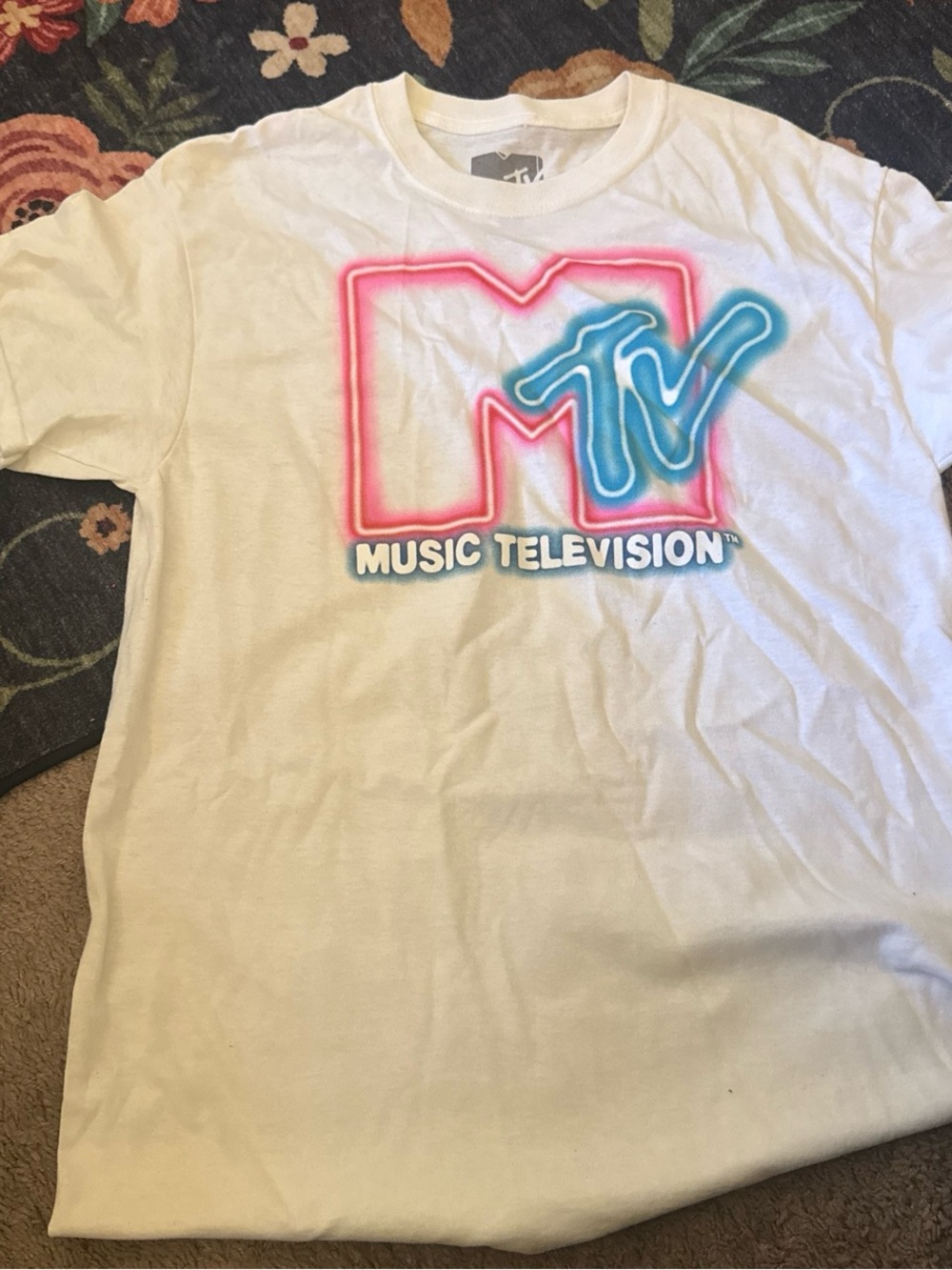 MTV White Tee‎ with Pink and Blue Neon Logo